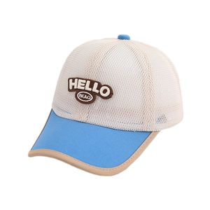 Kids breathable mesh baseball cap with HELLO embroidery in blue and beige colors