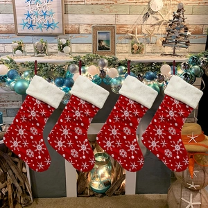 Large Red Christmas Stocking With Snowflake Print Plush Cuff Hanging Gift Bag Holiday Home Decor Festive Ornament