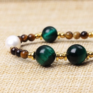Tiger eye and green agate beaded necklace with white pearl and gold metal spacers