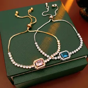 Rectangular Zircon Bracelet Copper Adjustable Sliding Chain Luxury Fashion Jewelry For Women