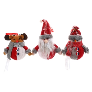 Three-piece Christmas plush ornament set featuring Santa, snowman, and reindeer figures