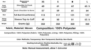 Detailed size chart and fabric composition for the leopard print cotton jacket