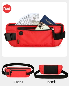 Detail view of red slim running belt with RFID protection and breathable mesh back