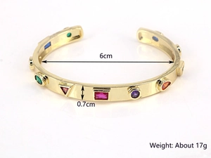Gold-plated open cuff bracelet with colorful geometric zircons and size measurements