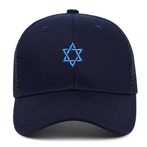 Detailed close-up of embroidery Blue Star of David on a mesh baseball cap crown