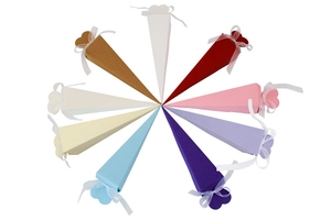 Radial view of colorful cone-shaped gift boxes with heart cut-outs and white ribbons