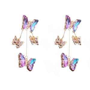 Elegant butterfly tassel drop earrings with iridescent wings and golden finish details