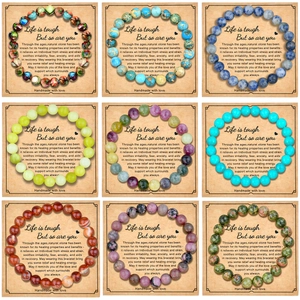 Detailed set of nine 8mm natural stone beaded bracelets with inspirational cards.
