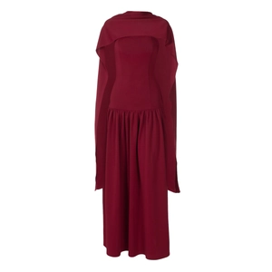Elegant deep red strapless maxi dress with matching shawl and lace-up back design
