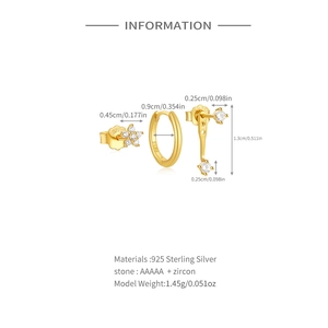 Detailed size specifications for 925 sterling silver gold earring set with zircon