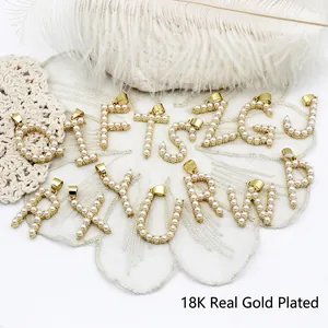 18K gold plated pearl alphabet pendant necklace charm with minimalist letter design