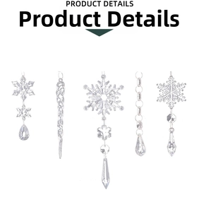 Detailed macro view showing five assorted transparent acrylic snowflake and icicle ornaments