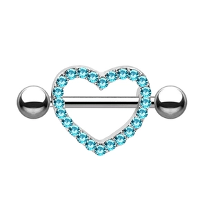 Detailed view of silver heart nipple ring with sky blue zircon inlay and steel bar