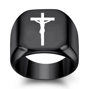 Men's black stainless steel signet ring featuring a laser engraved white cross design
