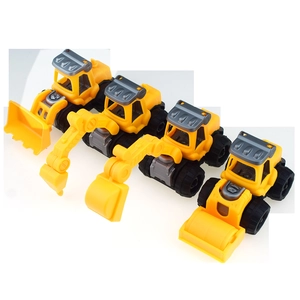 Detailed top view of four yellow DIY assembly construction vehicle model toys