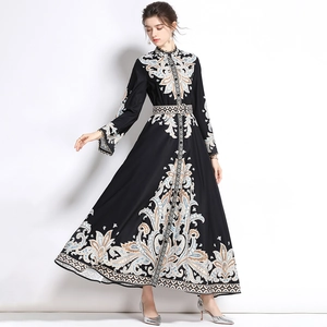 Robe longue portefeuille à imprimé floral rétro avec manches longues et taille haute