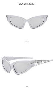 Future silver Y2K cat-eye sunglasses front and side views with metallic mirrored lenses