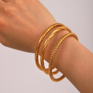 Stainless Steel Bangle Bracelet Gold Plated Twisted Hammered Knurled Texture Jewelry For Women Non Fading Fashion