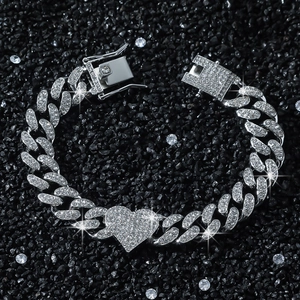 Hip hop silver heart cuban link bracelet with sparkling rhinestones for men and women