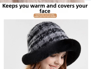 Detailed view of the thick plush checkered bucket hat with faux fur brim for winter warmth
