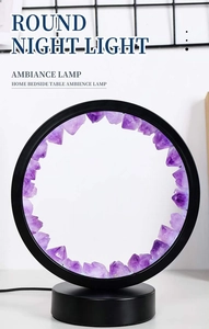 Macro detail of natural amethyst clusters inside a black round USB ambiance night light