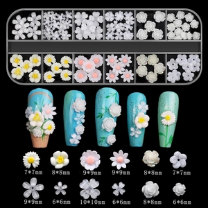 Detailed nail art kit with floral charms, storage box, and size charts on black background