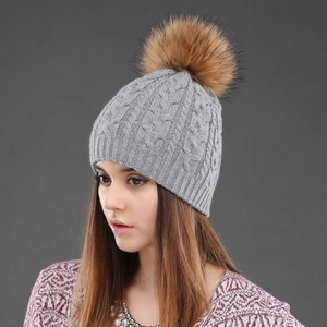 Grey knit beanie with faux raccoon fur pompom for women, warm double-layer winter hat