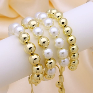 Adjustable Beaded Bracelet 18K Gold Plated Copper Imitation Artificial Pearl Round Beads Minimalist Trendy Jewelry Women