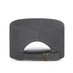 Deep grey cotton cadet cap with adjustable metal buckle and twill fabric texture