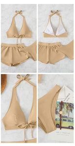 Detailed view of 3-piece striped sporty bikini set with halter top and boyleg shorts