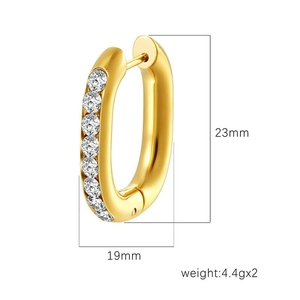 Gold oval hoop earrings with inlaid cubic zirconia crystals, size 23mm by 19mm
