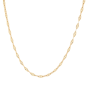 Detailed view of golden textured oval links necklace chain over white backdrop