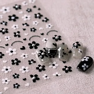 Nail Art Stickers 3D Embossed Black White Flower Heart Polka Dot Faux Artificial Pearl Decor DIY Manicure Retro French Style