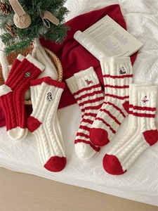 Close-up of festive Christmas socks with soft coral fleece texture and snowman embroidery