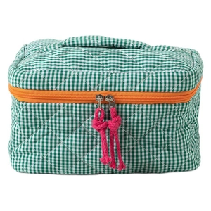 Quilted gingham makeup bag with green checker pattern and orange zipper closure