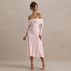 Close-up of pink off-shoulder dress with ruched long sleeves and elegant slim fit