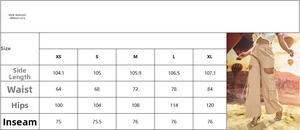 Detailed size chart for American style cargo pants showing waist and hip measurements