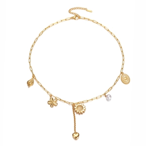 Gold stainless steel necklace with seashell, heart, and pearl charms in rectangular links