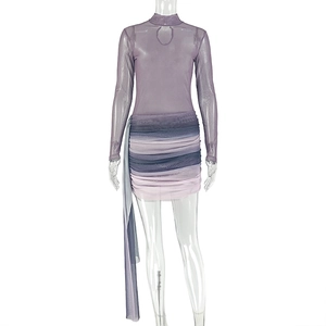 Detail of sheer purple mesh long sleeves and gradient ruched texture on bodycon dress