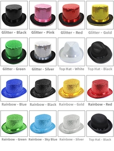 Grid display of 16 party top hats featuring sequin and tinsel materials in various colors