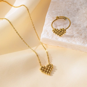 Collier Pendentif Cœur Perlé Et Boucles D Oreilles Bijoux Mode Minimalistes Acier Inoxydable Doré Pour Femmes