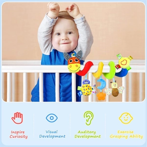 Plush spiral crib toy with animal pendants to inspire curiosity and visual development