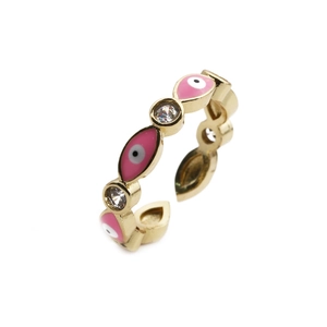 Detail of gold-plated wavy ring with pink evil eye enamel and sparkling zircon stones