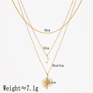 Three-layer gold sun and pearl pendant necklace with adjustable stainless steel chains