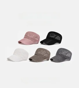 Detailed close-up of breathable knit mesh baseball caps in five assorted summer colors