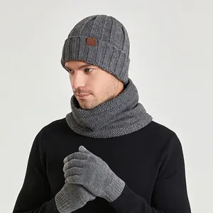 Winter gray knit hat scarf and gloves three-piece set with thermal fleece lining for men