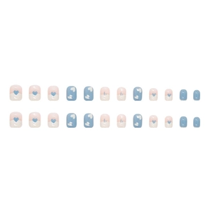Blue and white heart pattern press-on nails set with glossy finish for women