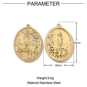 Detailed size chart of stainless steel religious oval pendant with 35mm height and 9.6g weight