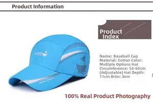 Detail view of blue cotton sun hat featuring adjustable 56-60cm size and breathable fabric