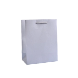 Minimalist light grey paper shopping bag with matching woven handles on white background